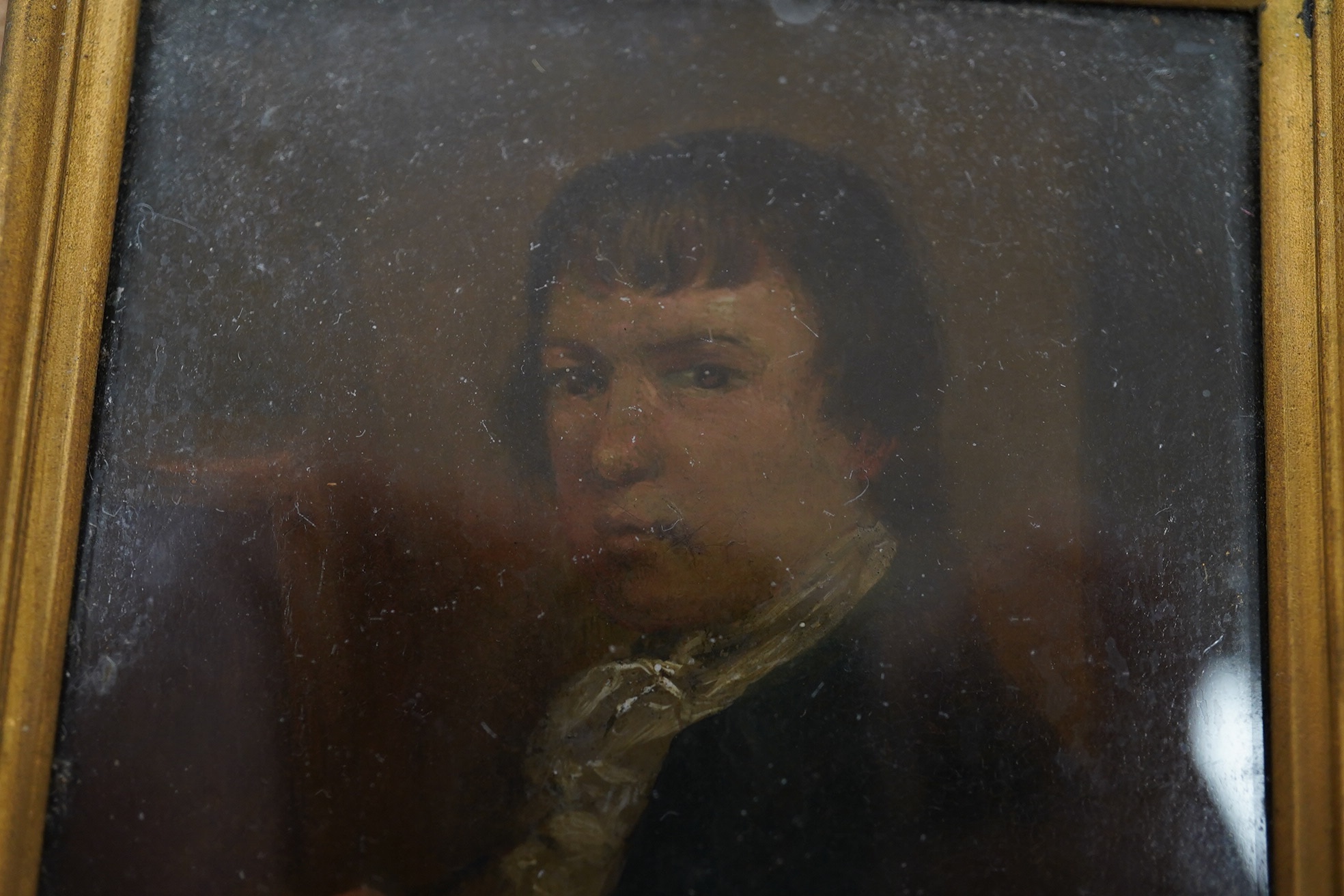 A late 19th / early 20th century, oil on copper, Portrait miniature of George Morland (1763-1804), Ernest Salaman inscribed collection label verso, 8 x 6cm. Condition - fair